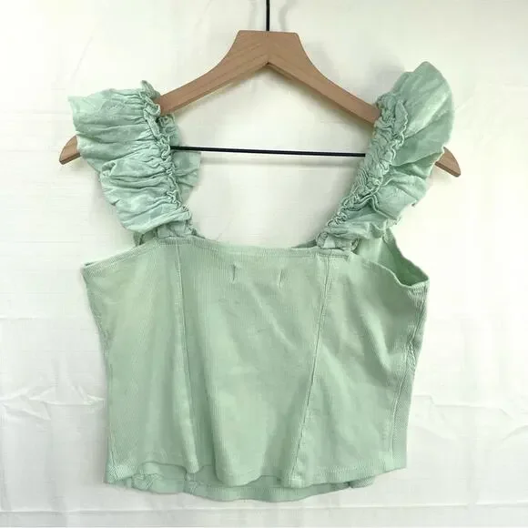 ANTHROPOLOGIE Puff Sleeve Cropped Tank Top Size L Mint Cottagecore Ribbed Cotton - Picture 4 of 11